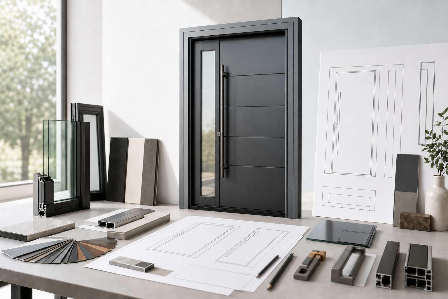 Illustration of an aluminum entry-door concept with drawings and material references