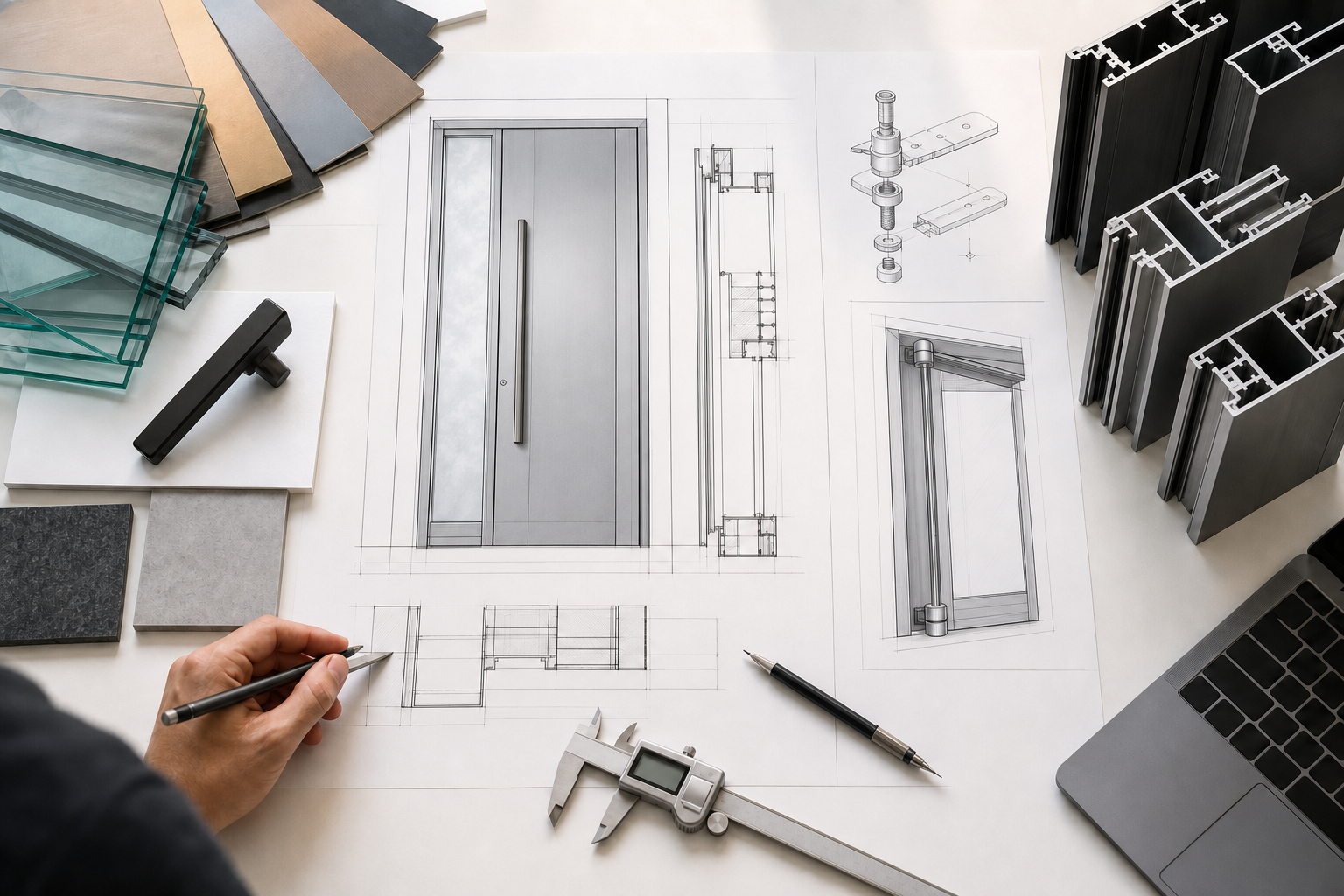 Illustration of a door-design workbench with technical drawings and material samples